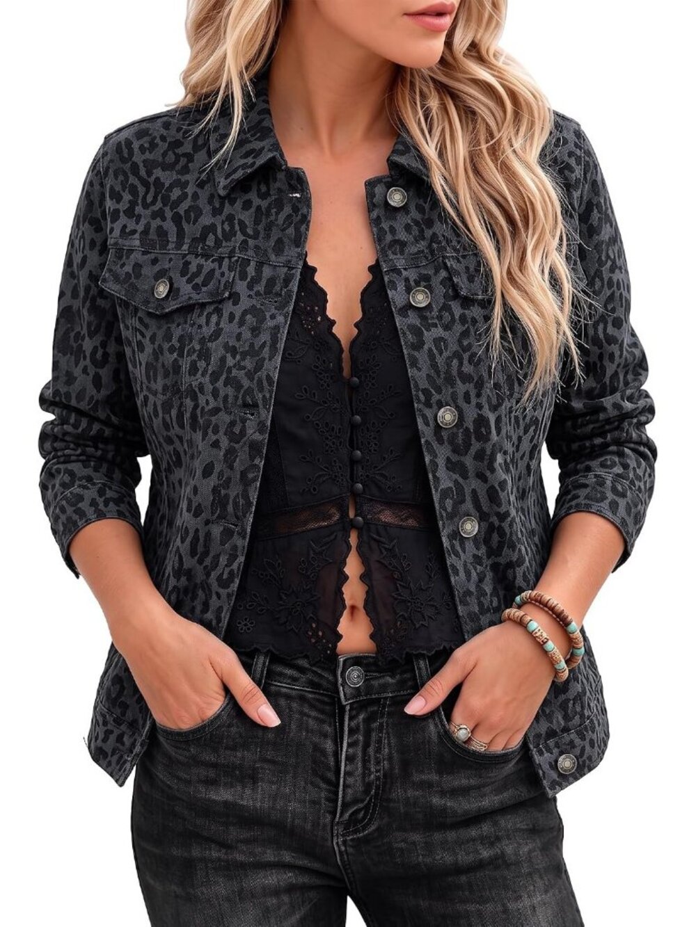 Women's Gray Leopard Print Long Sleeve Western Denim Button Down Jacket
